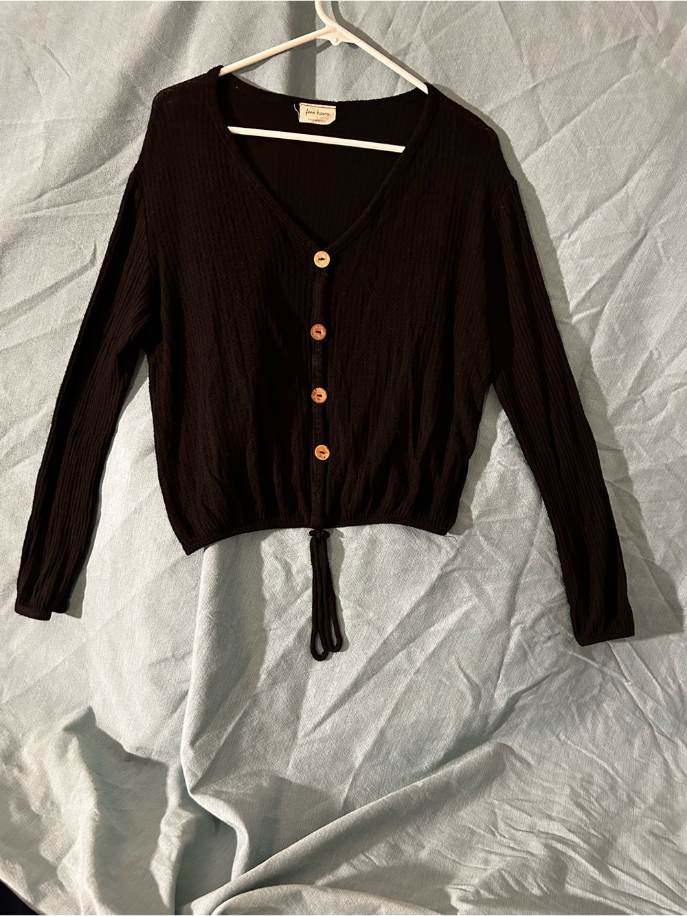 Free Kisses Black V-Neck Button Crop Sweater with Drawstring